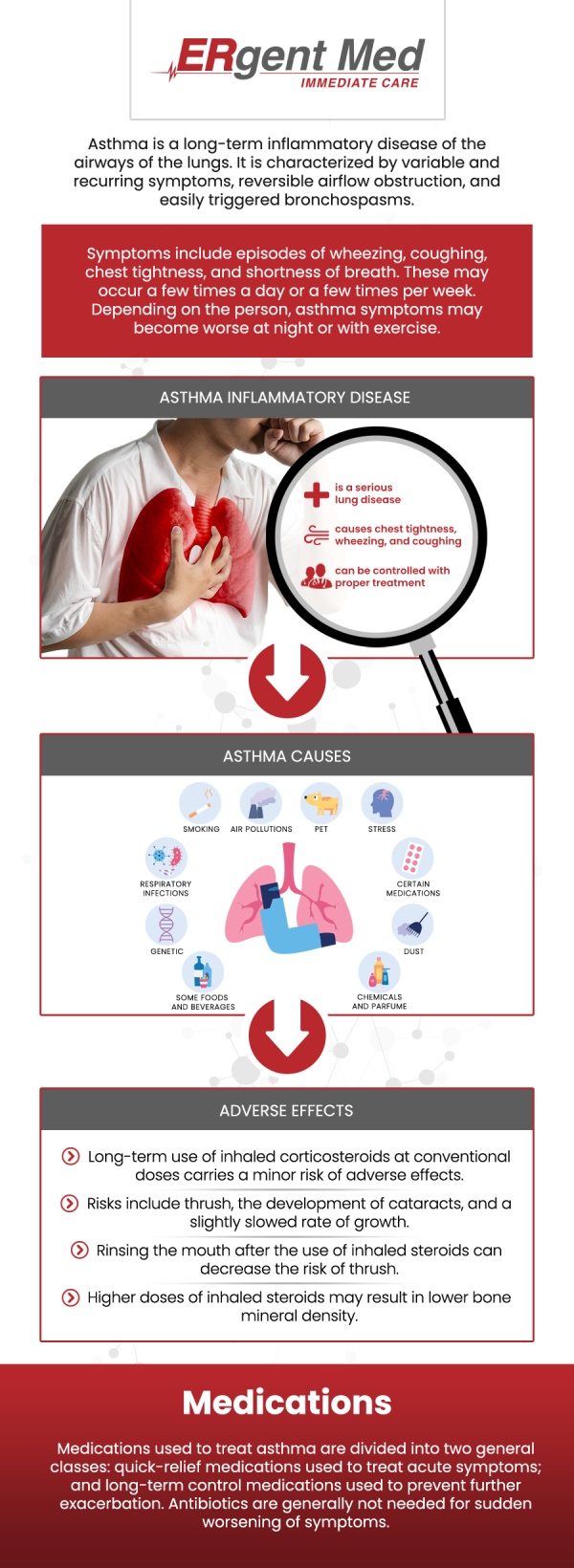 Common questions asked by patients: What are the common symptoms of mild asthma? How is mild asthma diagnosed? Can lifestyle changes help control mild asthma? When should I seek medical attention for mild asthma? If you're seeking mild asthma treatment in St. Simons Island, GA, ERgent Med Immediate Care is here to provide you with the care you need. Board-certified Dr. Michael Hamm, DO, and our experienced team specialize in diagnosing and managing mild asthma. We offer personalized treatment plans tailored to your specific needs, ensuring effective control of asthma symptoms. For more information, contact us or schedule an appointment online. We are conveniently located at 106 Retreat Village, St Simons Island, GA 31522. We serve patients from St. Simons Island GA, Sea Island GA, Brunswick GA, Dock Junction GA, Club Estates GA, and surrounding areas.