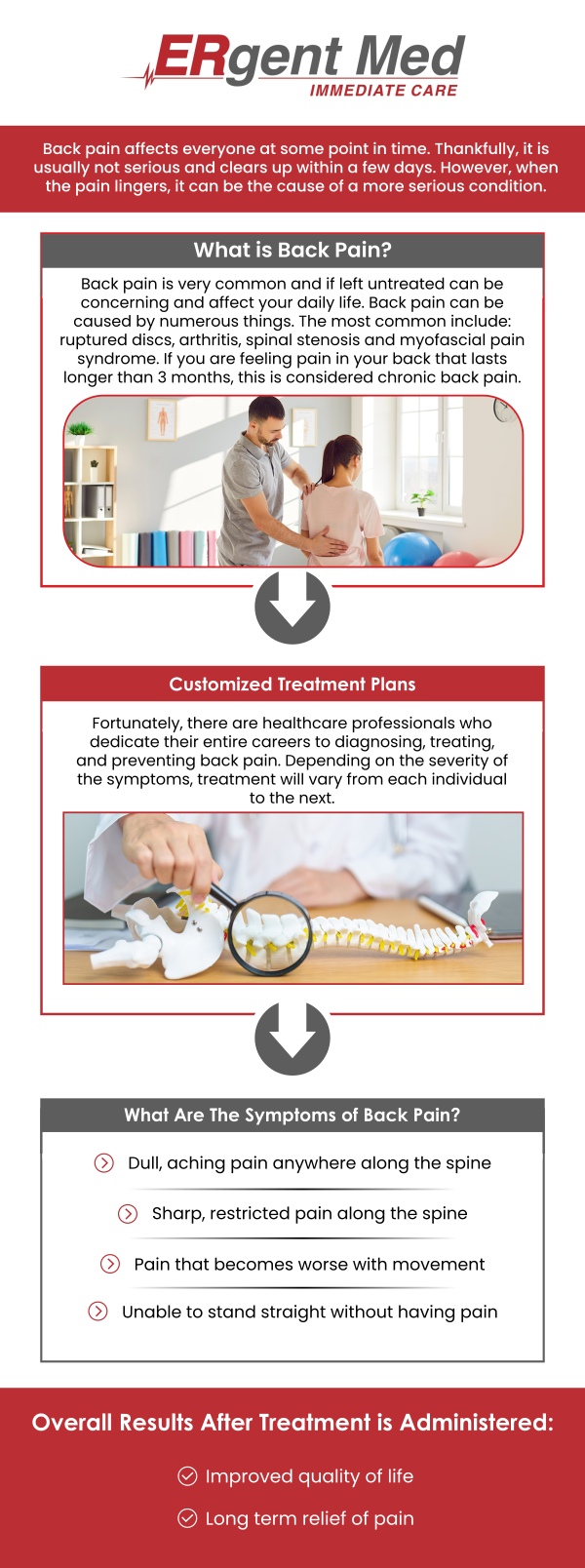 Common questions asked by patients: What are the common causes of back pain? When should I see a doctor for back pain? What are the symptoms of serious back pain that require immediate medical attention? What types of treatments are available for back pain? How long does back pain usually last?
Living with back pain can be debilitating, affecting your ability to perform daily activities. Board-certified Dr. Michael Hamm, DO, and the team at ERgent Med Immediate Care in Brunswick, GA offer comprehensive treatment for back pain. Our services are designed to target pain relief and improve mobility, helping you get back to your active lifestyle. Trust our dedicated professionals for personalized care tailored to your needs. For more information, contact us or schedule an appointment. We are conveniently located at 5248 New Jesup Hwy, Brunswick, GA 31523. We serve patients from Brunswick GA, Dock Junction GA, Sterling GA, Country Club Estates GA, St. Simons Island GA, Darien GA, and surrounding areas.