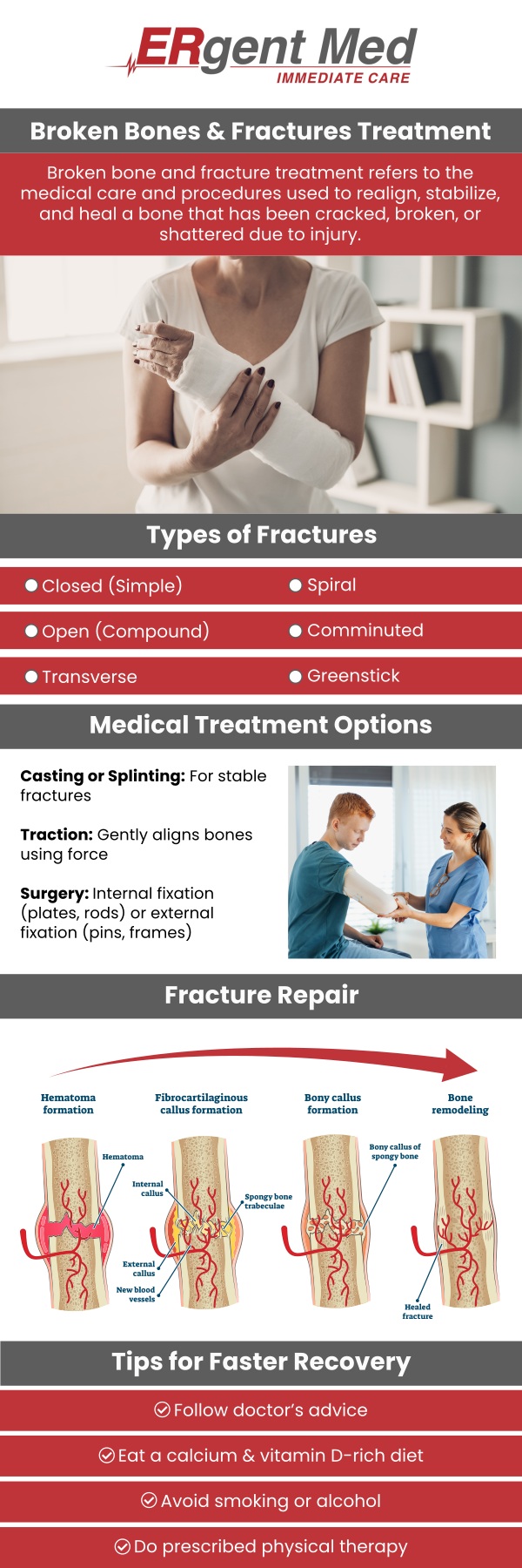 At ERgent Med Immediate Care, we provide comprehensive fracture treatment to ensure prompt care when you need it most. Whether you’ve suffered a sprain, strain, or broken bone, Dr. Michael Hamm, DO, a board-certified physician, offers care to assess, stabilize, and treat fractures. We understand the importance of fast, effective treatment to minimize recovery time and prevent further complications. Our team of professionals is equipped to handle a range of fracture treatments, including splinting, casting, and pain management, ensuring you receive the best care possible. For more information, contact us or schedule an appointment. We are conveniently located at 5248 New Jesup Hwy, Brunswick, GA 31523.