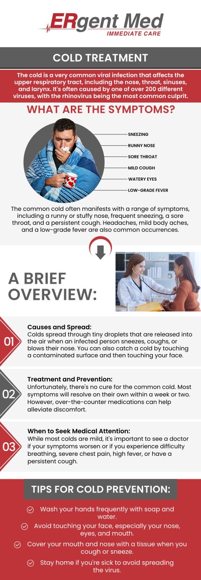 Common questions asked by patients: What are the common symptoms of a cold? How long does a cold typically last? Can urgent care treat a cold? Should I see a doctor if I have a cold? When should I seek urgent care for a cold?
When a cold strikes, prompt treatment can help you feel better faster. Board-certified Dr. Michael Hamm, DO, and the team at ERgent Med Immediate Care in St. Simons Island, GA offer quick, effective cold treatment to relieve your symptoms. From congestion to sore throats, our team provides personalized care to get you back on your feet. For more information, contact us or schedule an appointment online. We are conveniently located at 106 Retreat Village, St Simons Island, GA 31522. We serve patients from St. Simons Island GA, Sea Island GA, Brunswick GA, Dock Junction GA, Club Estates GA, and surrounding areas.