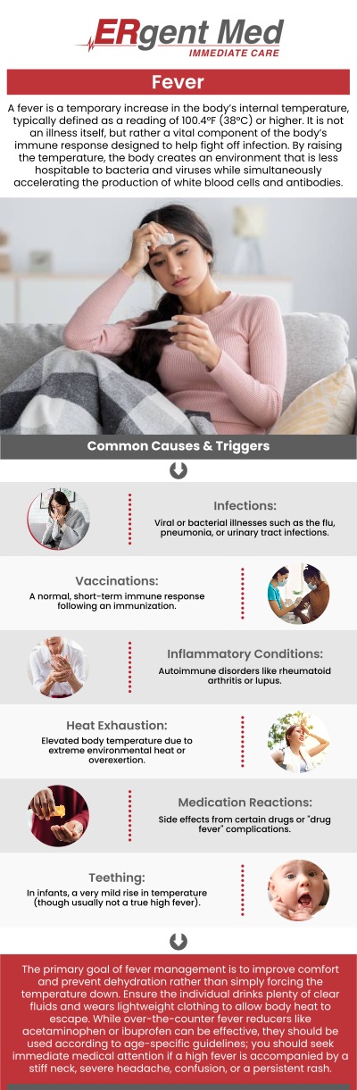 Common questions asked by patients: What is a fever? What causes a fever? When should I seek medical attention for a fever? How long does a fever last? What should I expect during fever treatment at urgent care? Is it safe to take fever-reducing medications?
If you're experiencing a fever, prompt treatment can help alleviate symptoms and address underlying causes. Board-certified Dr. Michael Hamm, DO, and the team at ERgent Med Immediate Care in Brunswick, GA provide fast, effective care for fevers. We offer diagnosis, symptom relief, and advice on when to seek further medical care. For more information, contact us or schedule an appointment. We are conveniently located at 5248 New Jesup Hwy, Brunswick, GA 31523. We serve patients from Brunswick GA, Dock Junction GA, Sterling GA, Country Club Estates GA, St. Simons Island GA, Darien GA, and surrounding areas.