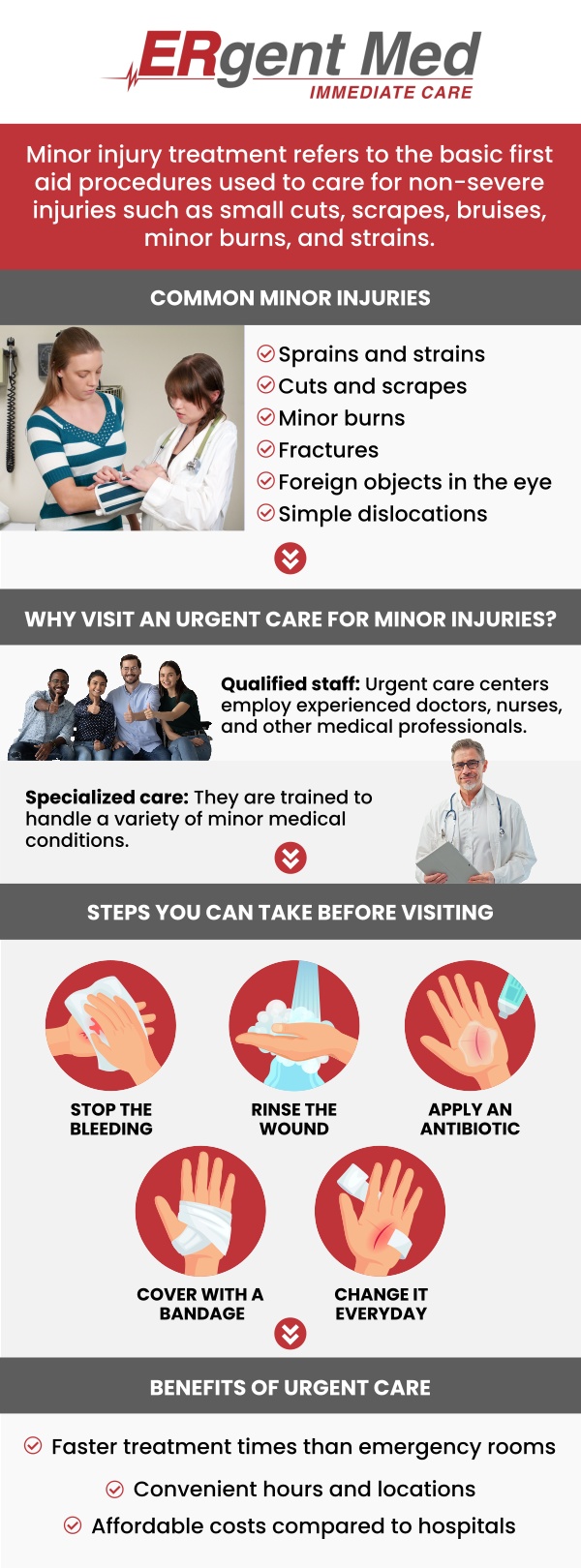 Common questions asked by patients: What are the most common types of injuries? Can injuries lead to long-term complications if not treated properly? When should I see a doctor for an injury? How long does it take to recover from an injury? If you've suffered an injury and need prompt and professional care, ERgent Med Immediate Care in St. Simons Island, GA, is here to help. Board-certified Dr. Michael Hamm, DO, and our experienced team offer comprehensive injury treatment tailored to your needs. Whether it's a sprain, strain, fracture, or other injury, we provide care to get you back on your feet as quickly as possible. For more information, contact us or schedule an appointment online. We are conveniently located at 106 Retreat Village, St Simons Island, GA 31522. We serve patients from St. Simons Island GA, Sea Island GA, Brunswick GA, Dock Junction GA, Club Estates GA, and surrounding areas.