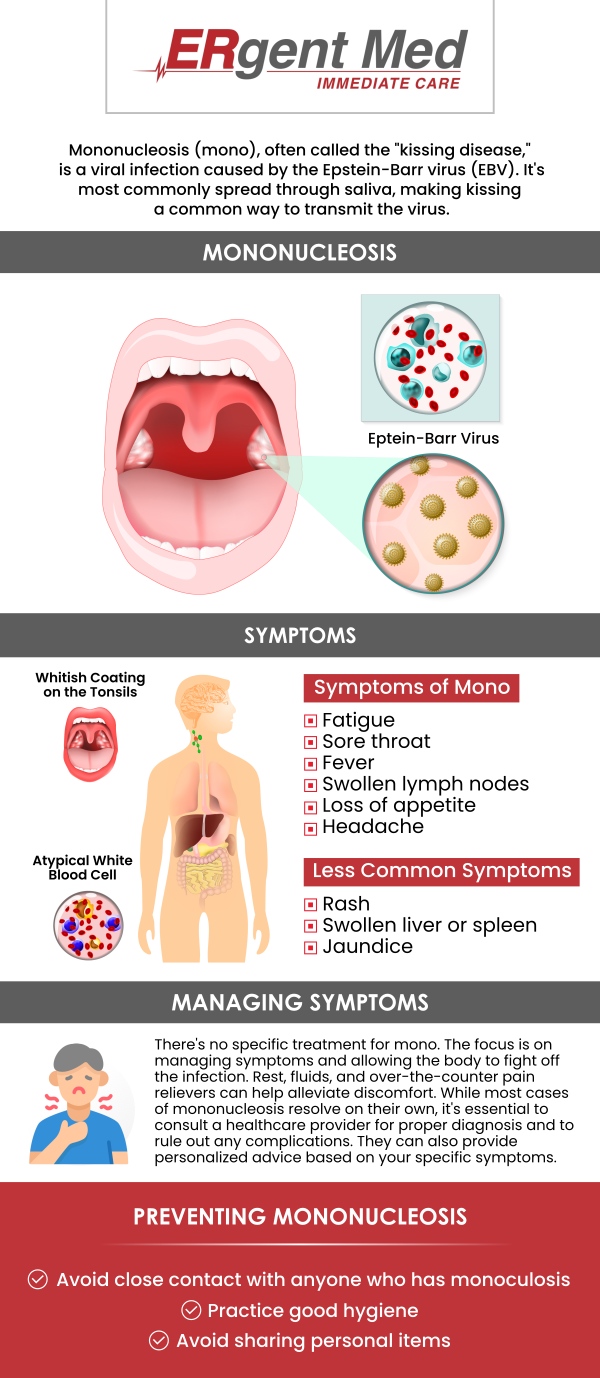 Common questions asked by patients: What are the common symptoms of infectious mononucleosis? How is infectious mononucleosis diagnosed? How long does it take to recover from infectious mononucleosis? When should I see a doctor for infectious mononucleosis? ERgent Med Immediate Care in Brunswick, GA, offers expert treatment for infectious mononucleosis, a viral infection commonly known as mono. Board-certified Dr. Michael Hamm, DO, and our dedicated team are experienced in diagnosing and managing the symptoms of mono, including fever, sore throat, and swollen lymph nodes. We provide comprehensive care, including symptom management and guidance on recovery, ensuring you receive the support needed for a smooth recovery process. For more information, contact us or schedule an appointment. We are conveniently located at 5248 New Jesup Hwy, Brunswick, GA 31523. We serve patients from Brunswick GA, Dock Junction GA, Sterling GA, Country Club Estates GA, St. Simons Island GA, Darien GA, and surrounding areas.