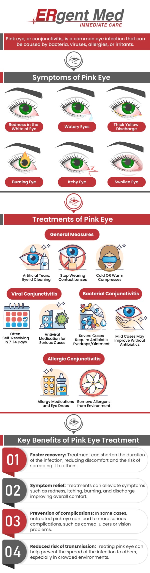Common questions asked by patients: What is conjunctivitis? What are the symptoms of conjunctivitis? Is conjunctivitis contagious? How is conjunctivitis treated? How long does conjunctivitis last? When should I seek medical attention for conjunctivitis?
If you're experiencing conjunctivitis, prompt treatment is essential for relief. Board-certified Dr. Michael Hamm, DO, and the team at ERgent Med Immediate Care in Brunswick, GA offer care for conjunctivitis. We provide fast diagnosis and treatment to reduce symptoms and prevent complications. Trust us for effective and compassionate care to help you feel better quickly. For more information, contact us or schedule an appointment. We are conveniently located at 5248 New Jesup Hwy, Brunswick, GA 31523. We serve patients from Brunswick GA, Dock Junction GA, Sterling GA, Country Club Estates GA, St. Simons Island GA, Darien GA, and surrounding areas.