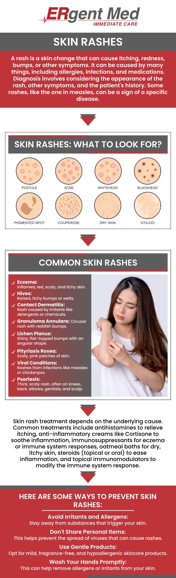 Common questions asked by patients: What are the common causes of rashes? When should I see a doctor for a rash? How long do rashes typically last? Where to get treatment for rashes in Brunswick, GA? If you're dealing with a rash and need prompt treatment, ERgent Med Immediate Care in Brunswick, GA, offers care for a variety of skin conditions. Board-certified Dr. Michael Hamm, DO, and our team specialize in diagnosing and treating rashes caused by allergies, infections, skin conditions, and more. We provide tailored treatment plans to relieve symptoms and address the underlying cause of your rash, ensuring fast relief and a quicker recovery. For more information, contact us or schedule an appointment. We are conveniently located at 5248 New Jesup Hwy, Brunswick, GA 31523. We serve patients from Brunswick GA, Dock Junction GA, Sterling GA, Country Club Estates GA, St. Simons Island GA, Darien GA, and surrounding areas.