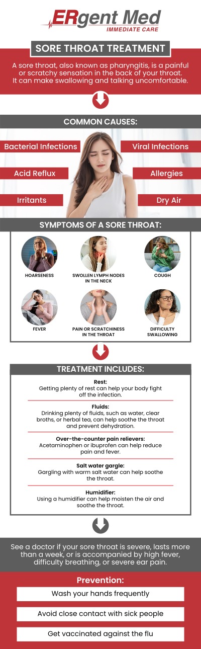 Common questions asked by patients: When should I see a doctor for a sore throat in Brunswick, GA? What are the common causes of a sore throat? How long does a typical sore throat last? How can I relieve a sore throat quickly? 
If your sore throat persists for more than a few days, becomes increasingly painful, or is accompanied by other symptoms like fever, difficulty swallowing, or swollen glands, it's important to seek medical attention. At ERgent Med Immediate Care, Board-certified Dr. Michael Hamm, DO, and our experienced team are here to assess your condition and provide appropriate treatment. Whether it's a viral infection, bacterial infection, or another underlying cause, we offer expert care to help relieve your symptoms and promote a speedy recovery. For more information, contact us or schedule an appointment. We are conveniently located at 5248 New Jesup Hwy, Brunswick, GA 31523. We serve patients from Brunswick GA, Dock Junction GA, Sterling GA, Country Club Estates GA, St. Simons Island GA, Darien GA, and surrounding areas.