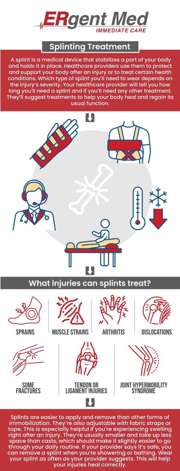 Common questions asked by patients: What is the proper way to care for a splint? How long should I keep my splint on? How do I know when it’s time to remove the splint or get a new one? Where can I receive splint care services in St. Simons Island, GA? If you need professional splint care in St. Simons Island, GA, ERgent Med Immediate Care is here to assist. Board-certified Dr. Michael Hamm, DO, and our experienced team offer comprehensive care for fractures, sprains, and other injuries requiring splinting. We ensure that your splint is properly applied, adjusted, and maintained for optimal healing. Our goal is to provide personalized care to support your recovery and ensure you heal as quickly and comfortably as possible. For more information, contact us or schedule an appointment online. We are conveniently located at 106 Retreat Village, St Simons Island, GA 31522. We serve patients from St. Simons Island GA, Sea Island GA, Brunswick GA, Dock Junction GA, Club Estates GA, and surrounding areas.
