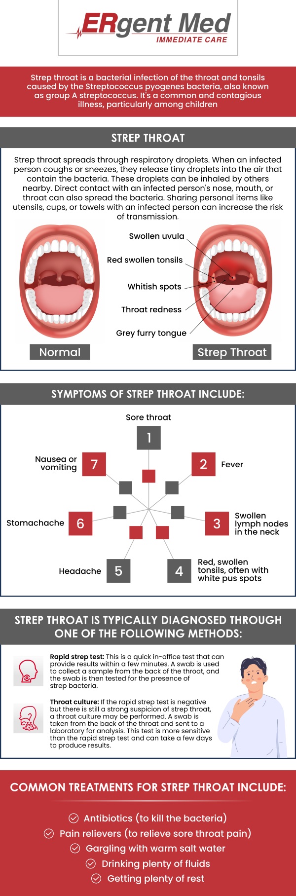 Common questions asked by patients: What is strep throat? What are the symptoms of strep throat? How is strep throat diagnosed? How is strep throat treated? How long does it take to recover from strep throat?
If you're experiencing symptoms of strep throat, Dr. Michael Hamm, DO, and the team at ERgent Med Immediate Care in St. Simons Island, GA offer fast and reliable treatment. Our team is dedicated to ensuring your recovery with compassionate care. Visit us for prompt and effective treatment for strep throat. For more information, contact us or schedule an appointment online. We are conveniently located at 106 Retreat Village, St Simons Island, GA 31522. We serve patients from St. Simons Island GA, Sea Island GA, Brunswick GA, Dock Junction GA, Club Estates GA, and surrounding areas.