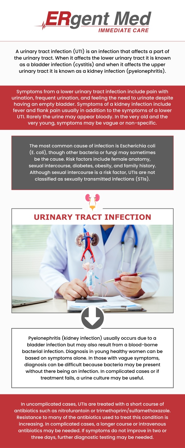 A urinary tract infection (UTI) can cause symptoms like frequent, painful urination, a strong urge to urinate, cloudy or strong-smelling urine, and pelvic discomfort. If you suspect a UTI, it’s important to visit an urgent care center for diagnosis and treatment. At ERgent Med Immediate Care, we provide fast, effective care to relieve your symptoms and prevent complications. Our team of professionals, led by Board- certified Dr. Michael Hamm, DO, is committed to providing prompt treatment and guidance on how to manage and prevent future UTIs. For more information, contact us or schedule an appointment. We are conveniently located at 5248 New Jesup Hwy, Brunswick, GA 31523.