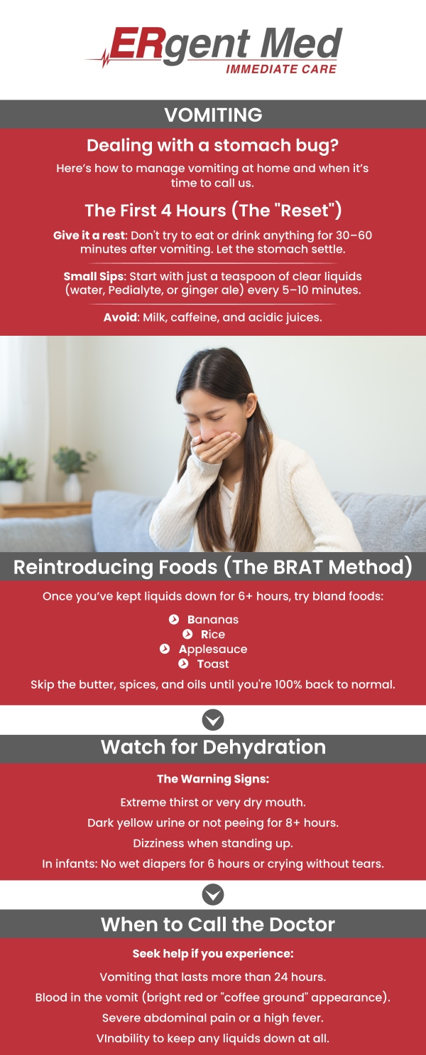 Common questions asked by patients: What causes vomiting? When should I seek medical attention for vomiting? How is vomiting treated? Can vomiting cause dehydration? What should I do if vomiting continues after treatment?
If you’re experiencing vomiting, prompt treatment is essential to prevent dehydration and manage symptoms. Board-certified Dr. Michael Hamm, DO, and the team at ERgent Med Immediate Care in St. Simons Island, GA provide fast and reliable care for vomiting. We offer diagnosis and treatment to help you recover quickly and safely. Trust our team to provide effective care for your symptoms and overall well-being. For more information, contact us or schedule an appointment online. We are conveniently located at 106 Retreat Village, St Simons Island, GA 31522. We serve patients from St. Simons Island GA, Sea Island GA, Brunswick GA, Dock Junction GA, Club Estates GA, and surrounding areas.