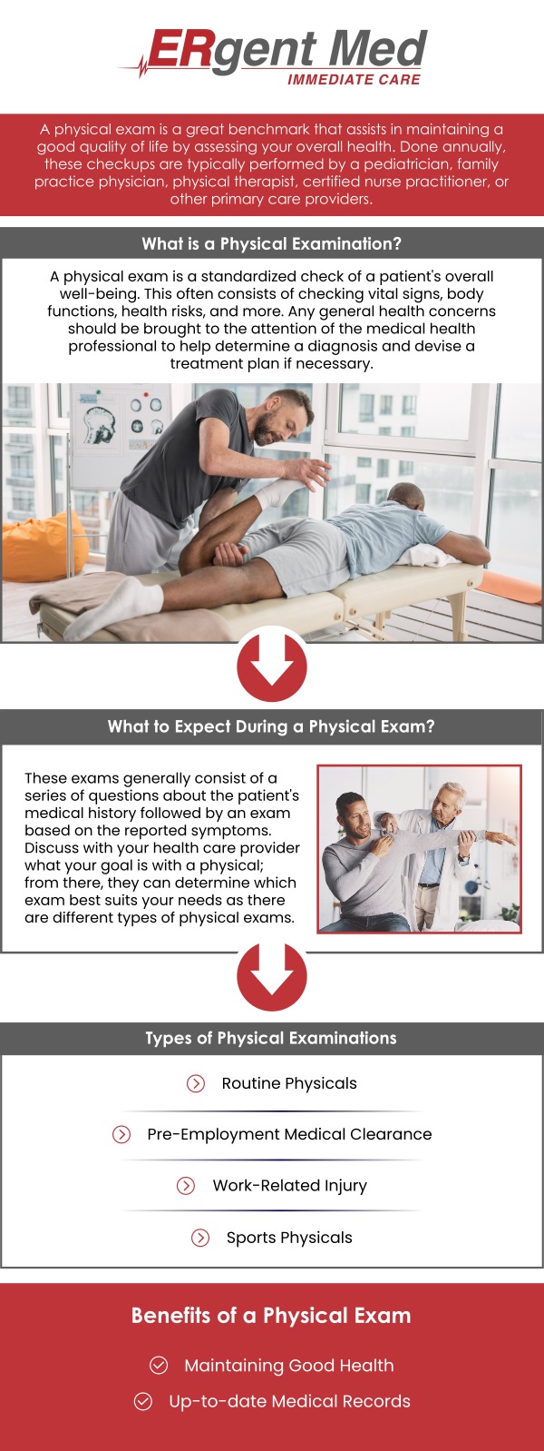 ERgent Med offers a variety of physicals. Physical examinations are designed to help screen to make sure you are safe and healthy, and are performed for various reasons such as school participation, work participation, sports participation, and annual routine physicals, which are tailored based upon the patient’s age, screening, and health needs. For more information, contact us or schedule an appointment online. We are conveniently located at 106 Retreat Village, St Simons Island, GA 31522. 