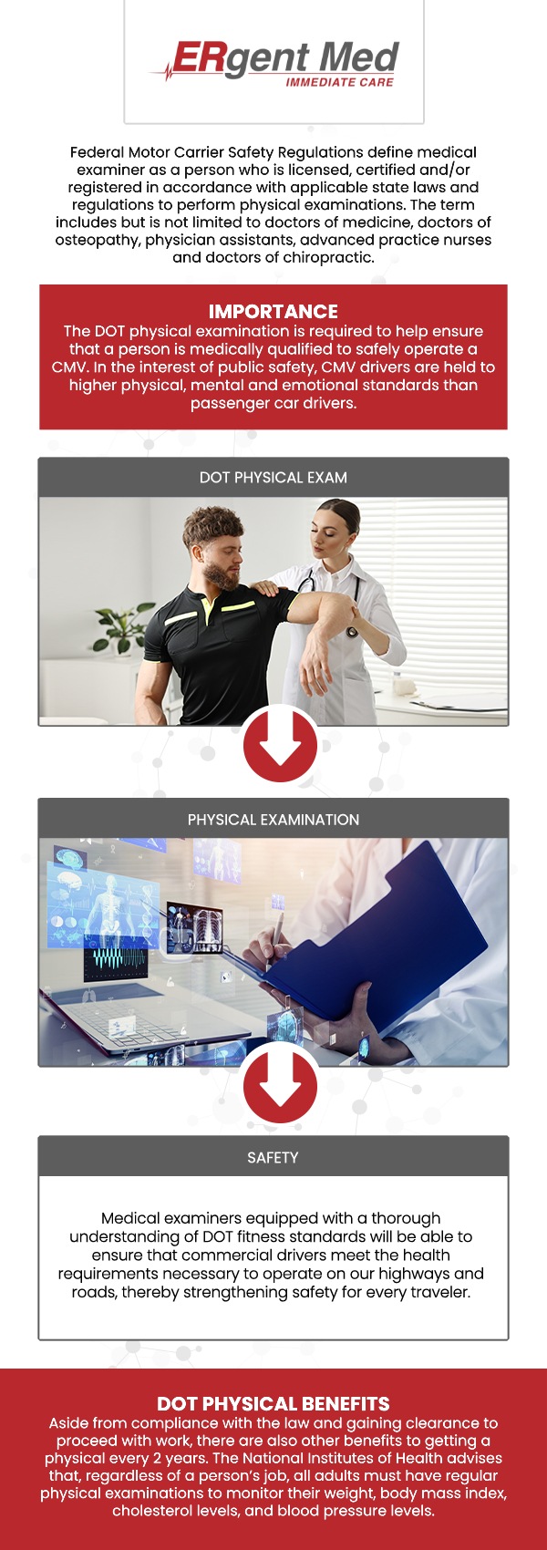 At ERgent Med Immediate Care, we offer convenient and thorough Department of Transportation (DOT) physicals for commercial drivers. Board-certified Dr. Michael Hamm, DO, ensures that your DOT physical meets all federal and state requirements, helping you stay compliant and safe on the road. Whether you need a routine exam for licensing or are preparing for a new driving job, we provide a comprehensive evaluation to assess your health and fitness for driving. For more information, contact us or schedule an appointment. We are conveniently located at 5248 New Jesup Hwy, Brunswick, GA 31523.