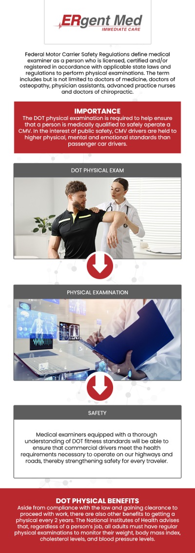At ERgent Med Immediate Care, we offer convenient and thorough Department of Transportation (DOT) physicals for commercial drivers. Board-certified Dr. Michael Hamm, DO, ensures that your DOT physical meets all federal and state requirements, helping you stay compliant and safe on the road. Whether you need a routine exam for licensing or are preparing for a new driving job, we provide a comprehensive evaluation to assess your health and fitness for driving. For more information, contact us or schedule an appointment. We are conveniently located at 5248 New Jesup Hwy, Brunswick, GA 31523.