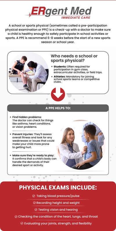 A sports physical, also known as a pre-participation physical exam (PPE), is a thorough medical check-up conducted before participating in sports or athletic activities. At ERgent Med Immediate Care, Dr. Michael Hamm, DO, a board-certified physician, leads the evaluation, focusing on your medical history, current health, and any potential risk factors that could impact performance. This comprehensive exam helps prevent injuries and ensures that athletes are fully prepared to take on the challenges of their sport with confidence and safety. For more information, contact us or schedule an appointment. We are conveniently located at 5248 New Jesup Hwy, Brunswick, GA 31523.