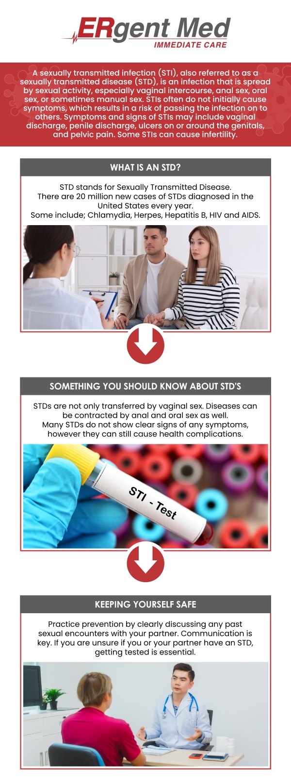 Common questions asked by patients: What is STD screening? Who should get STD screening? Is STD screening at urgent care confidential? How often should I get tested for STDs? What happens if I test positive for an STD?
For confidential STD screening in St. Simons Island, GA, visit ERgent Med Immediate Care. Board-certified Dr. Michael Hamm, DO, and the team provide fast, discreet testing to ensure your privacy. We offer a comfortable environment and accurate results to help you stay on top of your health. For more information, contact us or schedule an appointment online. We are conveniently located at 106 Retreat Village, St Simons Island, GA 31522. We serve patients from St. Simons Island GA, Sea Island GA, Brunswick GA, Dock Junction GA, Club Estates GA, and surrounding areas.