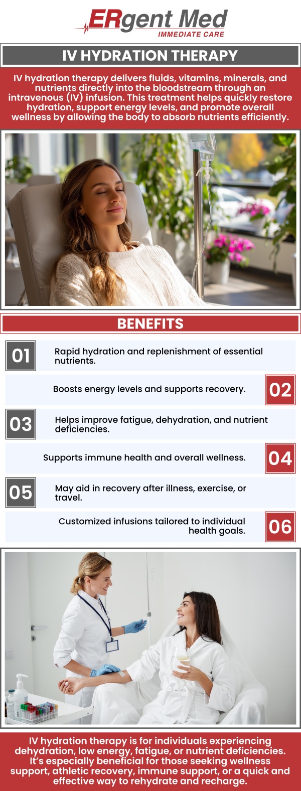 Common questions asked by patients: What is IV hydration therapy, and how does it work? What are the main benefits of IV hydration therapy? Who is a good candidate for IV hydration therapy? How does IV hydration therapy help with dehydration? What symptoms may indicate a need for IV hydration therapy?
At ERgent Med Immediate Care in St. Simons Island, GA, Dr. Michael Hamm, DO, and our team offer IV hydration therapy to help address dehydration, including fluid loss associated with migraines and illness. Our clinic provides personalized hydration care to help restore fluids and support electrolyte balance when medically appropriate. We focus on evaluating each patient’s symptoms and hydration needs to provide safe, effective, and compassionate care. For more information, contact us or schedule an appointment online. We are conveniently located at 106 Retreat Village, St Simons Island, GA 31522. We serve patients from St. Simons Island GA, Sea Island GA, Brunswick GA, Dock Junction GA, Club Estates GA, and surrounding areas.