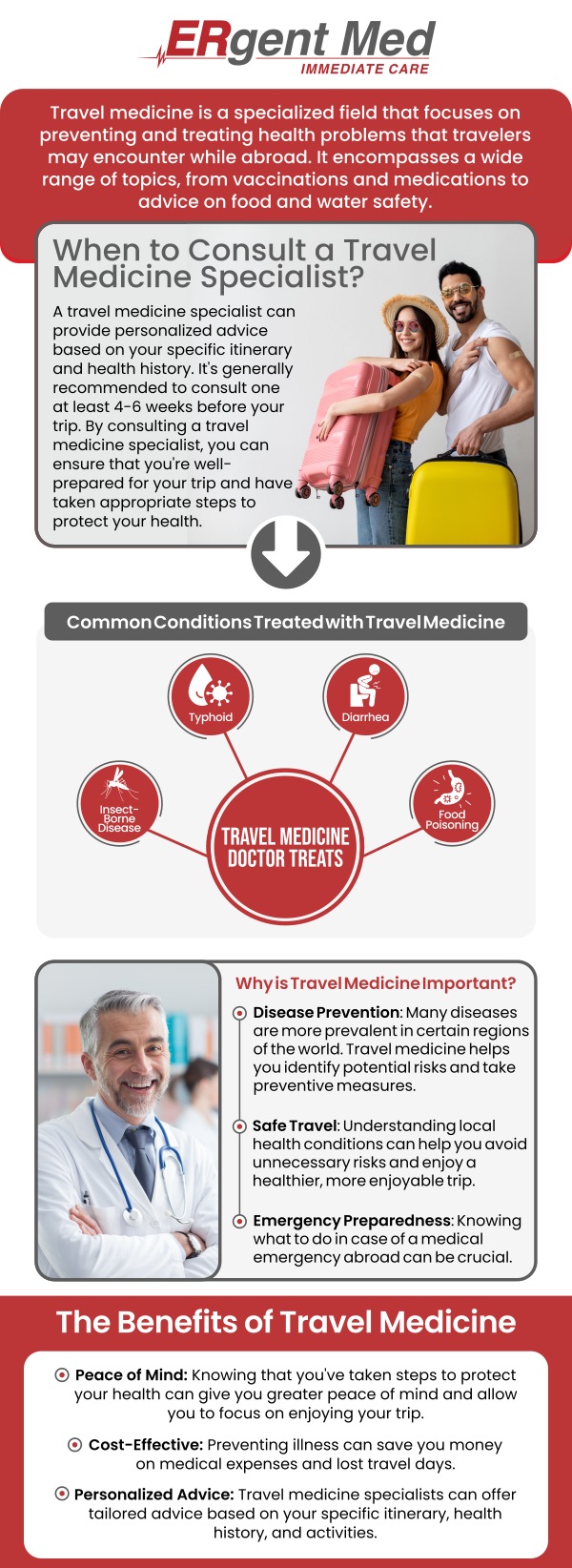 Common questions asked by patients: What is travel medicine, and why is it important before international travel? When should I schedule a travel medicine consultation before my trip? Who should consider travel medicine services before traveling abroad?
At ERgent Med Immediate Care in Brunswick, GA, board-certified Dr. Michael Hamm, DO, and our team provide personalized travel medicine services to help patients prepare for safe and healthy trips. We focus on helping travelers understand potential health risks and take appropriate precautions before international travel. For more information, contact us or schedule an appointment. We are conveniently located at 5248 New Jesup Hwy, Brunswick, GA 31523. We serve patients from Brunswick GA, Dock Junction GA, Sterling GA, Country Club Estates GA, St. Simons Island GA, Darien GA, and surrounding areas.